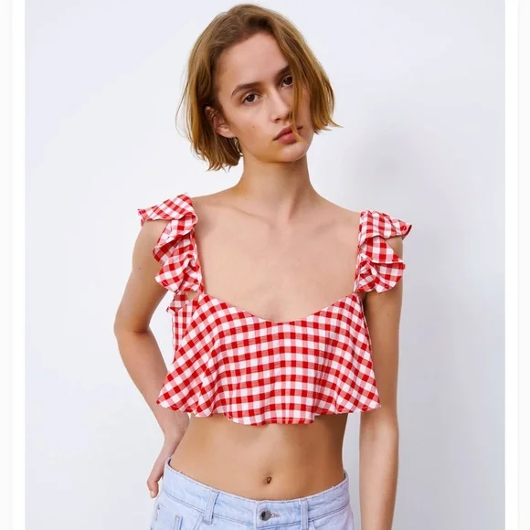 Zara | Tops | Zara Red White Gingham Cropped Top Size M